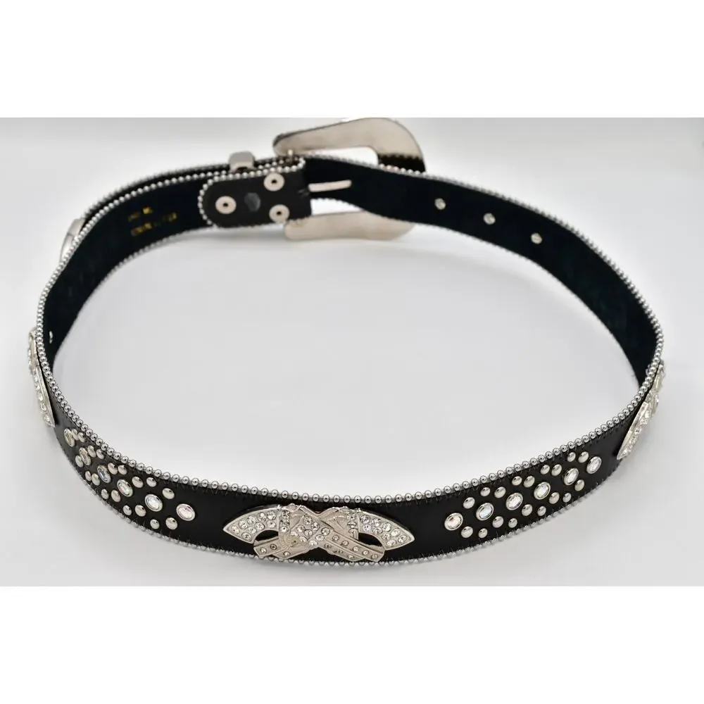 Black Genuine Leather Rhinestone Western Belt M/L Silver Studded Crystal Y2K